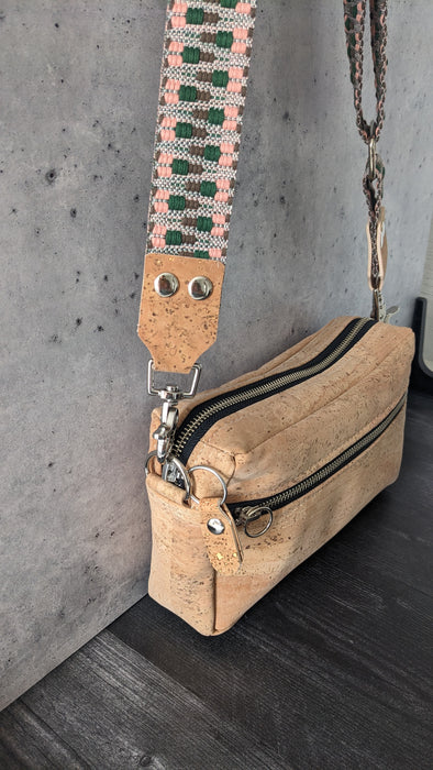 Mini Boxed Bag in Natural Cork with Green and Pink Woven Strap