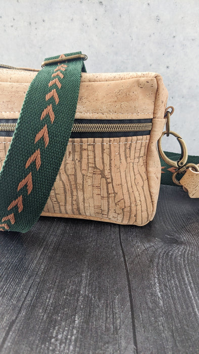 Mini Boxed Bag in Striped Cork with Green and Tan Heart Woven Strap