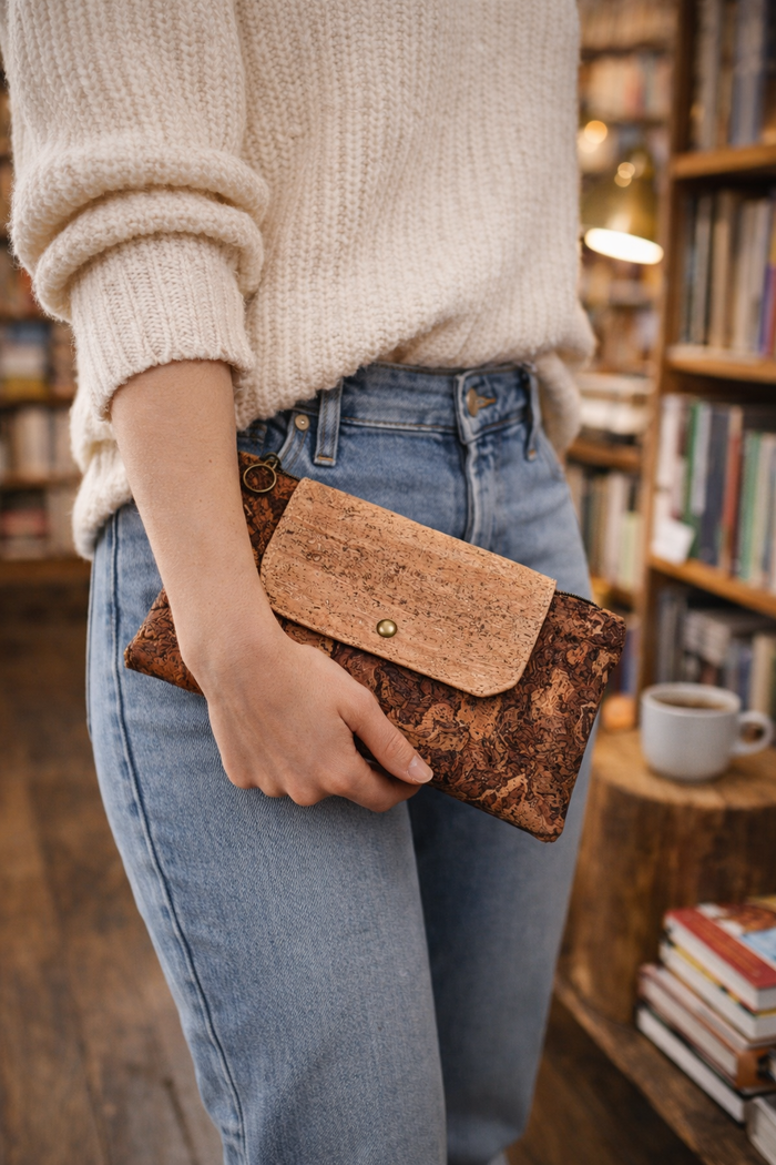 Collection of handcrafted cork clutches by nest PURE