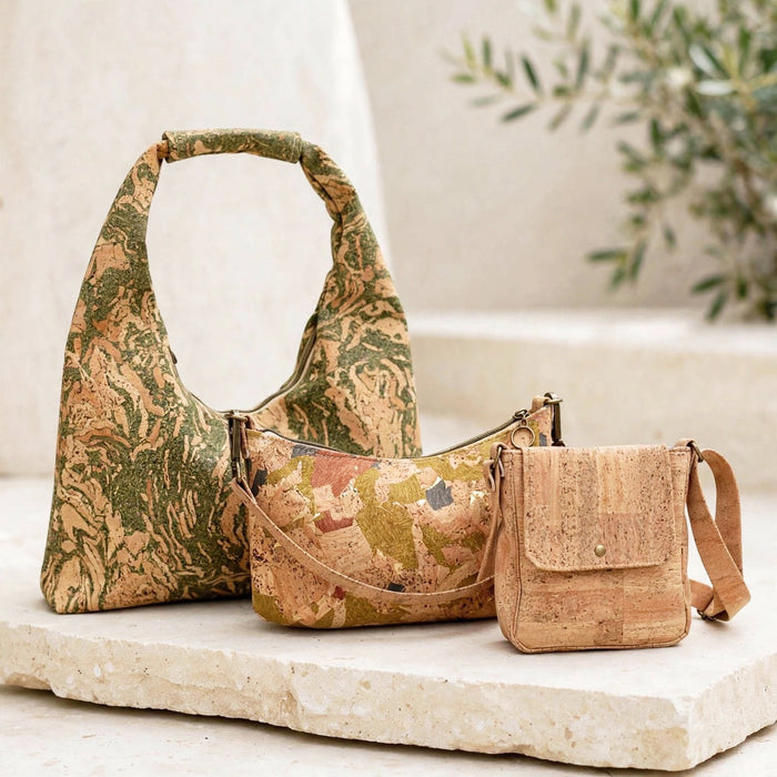 Collection of handcrafted nest PURE cork bags made with Portuguese cork