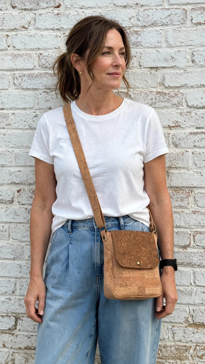 Toffee Cork Everyday Crossbody Bag worn by female model showing fit and size