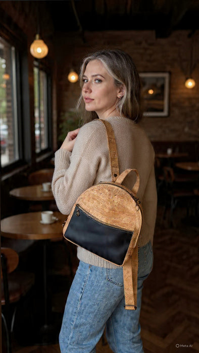 Mini Backpack in Navy Cactus Leather and Natural Cork