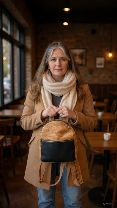Mini Backpack in Navy Cactus Leather and Natural Cork