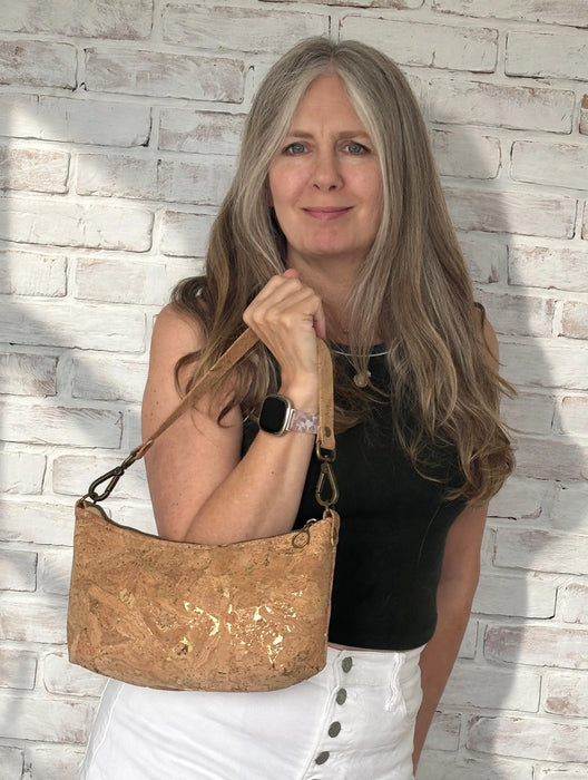 Natural Gold Fleck Cork Baguette Bag II worn carried in hand