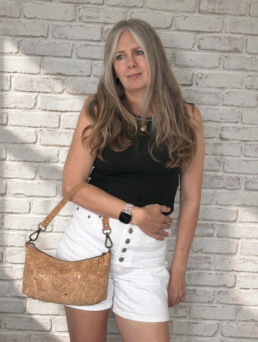 Natural Gold Fleck Cork Baguette Bag II worn on arm