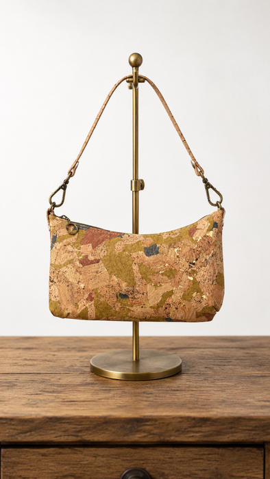 Front view of Light Mosaic Cork Baguette Bag II on Brass Stand