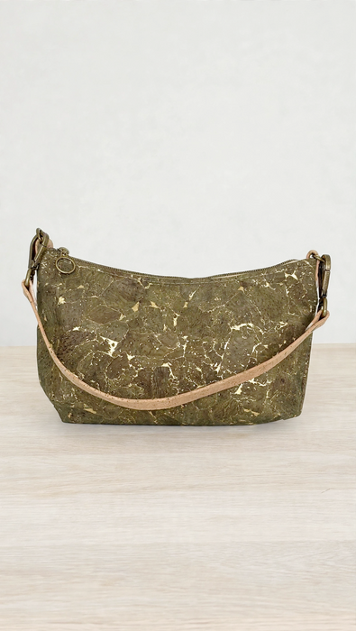 Baguette II cork bag in Dark Mosaic with antique brass hardware tall photo