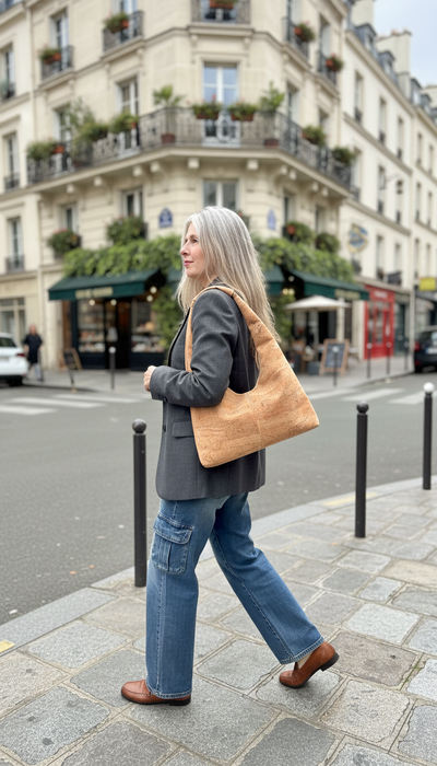 Slouchy Zipper Shoulder Bag in Natural Cork