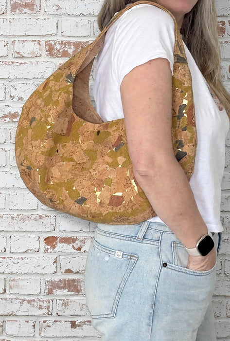 Light Mosaic Cork Crescent Slouchy Shoulder Bag worn on shoulder showing fit and size