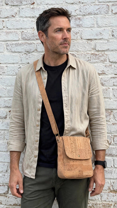 Natural Cork Everyday Crossbody Bag worn by male model showing fit and size