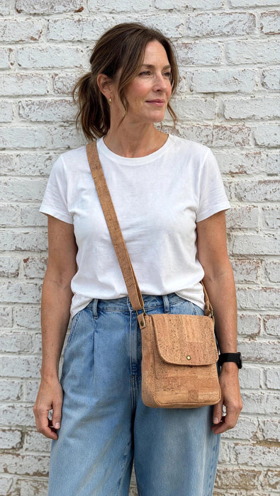Natural Cork Everyday Crossbody Bag worn by female model showing fit and size