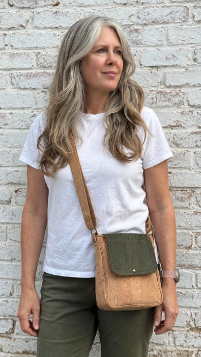 Olive Cork Everyday Crossbody Bag worn by female model showing fit and size