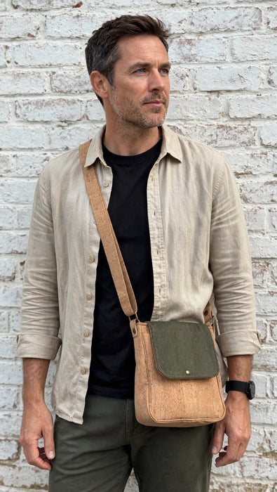 Olive Cork Everyday Crossbody Bag worn by male model showing fit and size