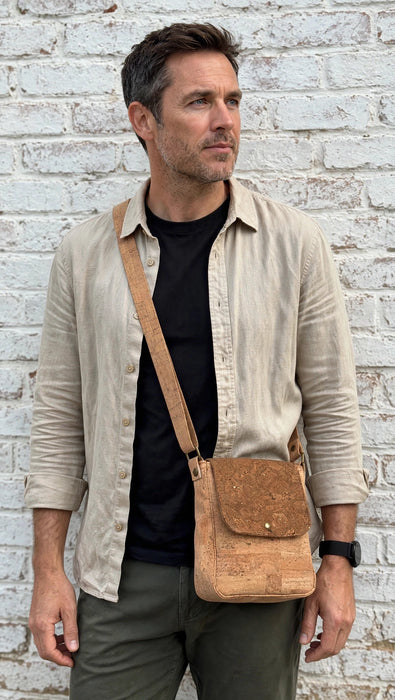 Toffee Cork Everyday Crossbody Bag worn by male model showing fit and size