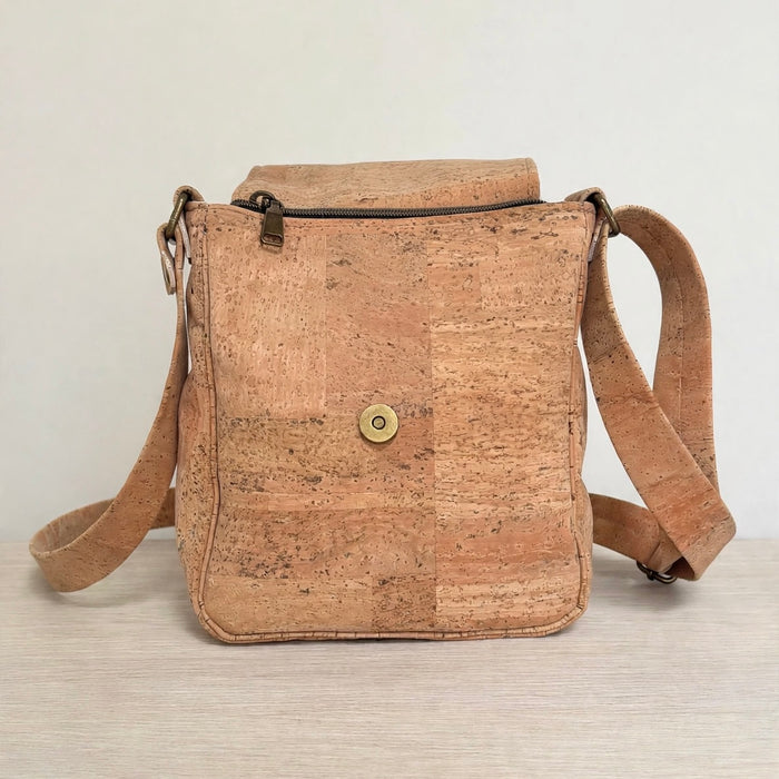 Top view of Olive Cork Everyday Crossbody Bag with secure zipper under flap