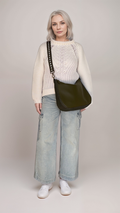 Large Zip Top Crossbody in Moss Cactus Leather and Moss Cork