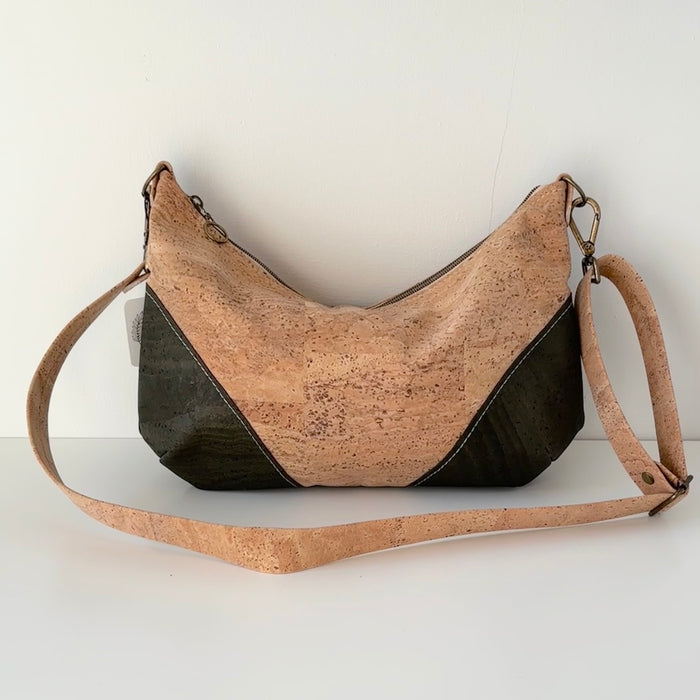 Medium Crossbody Bag in Natural and Moss Green Cork