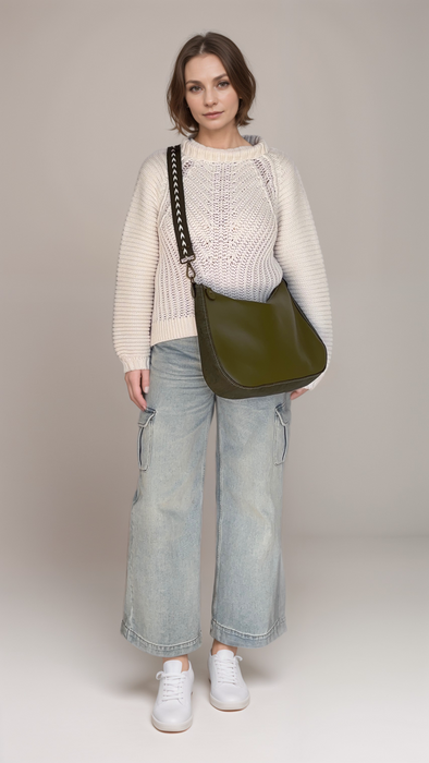 Large Zip Top Crossbody in Moss Cactus Leather and Moss Cork