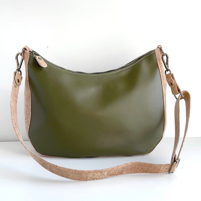 Large Zip Top Crossbody in Moss Cactus Leather and Moss Cork