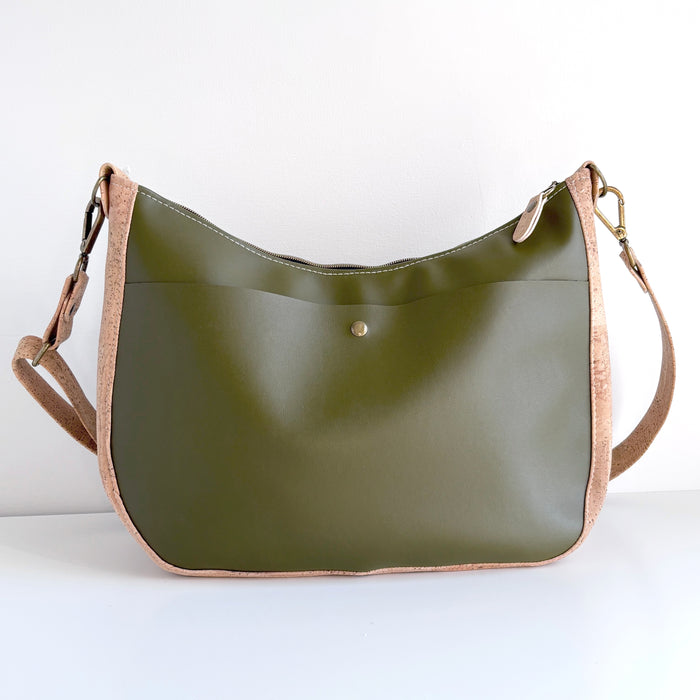 Large Zip Top Crossbody in Moss Cactus Leather and Moss Cork