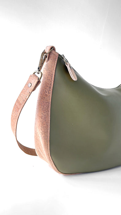 Large Zip Top Crossbody in Moss Cactus Leather and Moss Cork