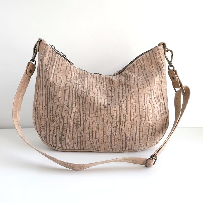 Large Zip Top Crossbody in Natural Striped Cork