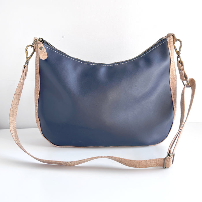 Large Zip Top Crossbody in Navy Cactus Leather and Natural Cork