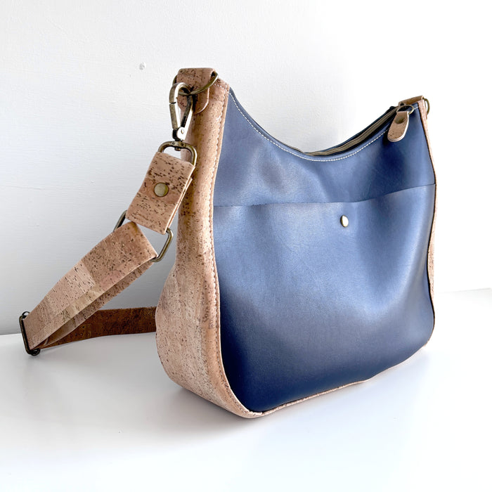 Large Zip Top Crossbody in Navy Cactus Leather and Natural Cork