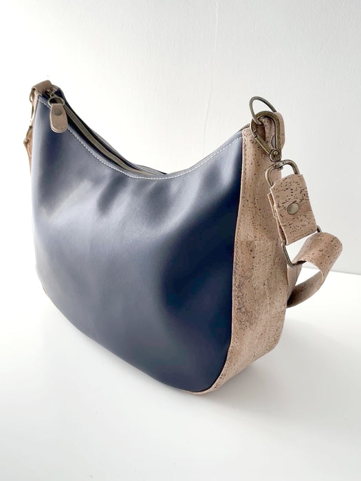 Large Zip Top Crossbody in Navy Cactus Leather and Natural Cork