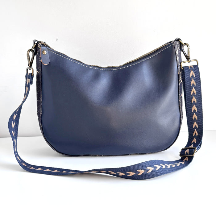 Large Zip Top Crossbody in Navy Cactus Leather and Navy Gold Fleck Cork