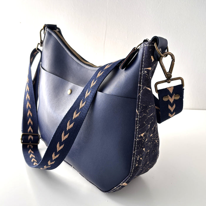 Large Zip Top Crossbody in Navy Cactus Leather and Navy Gold Fleck Cork