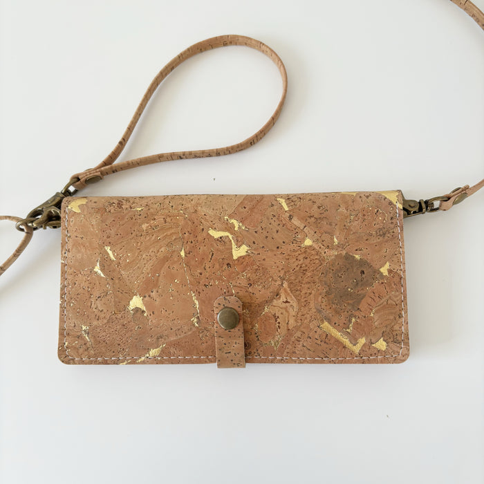 Long wallet with Strap - Natural and Gold Fleck Cork