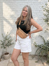 Natural Gold Fleck Cork Mini Fanny Pack worn crossbody showing fit and size