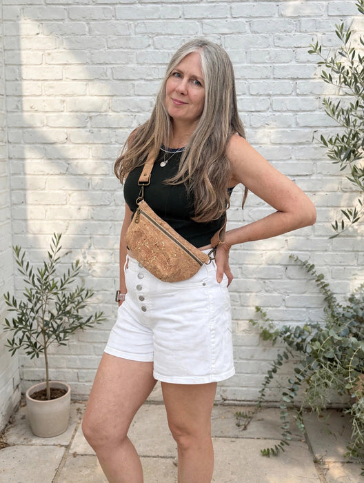 Natural Gold Fleck Cork Mini Fanny Pack worn crossbody showing fit and size