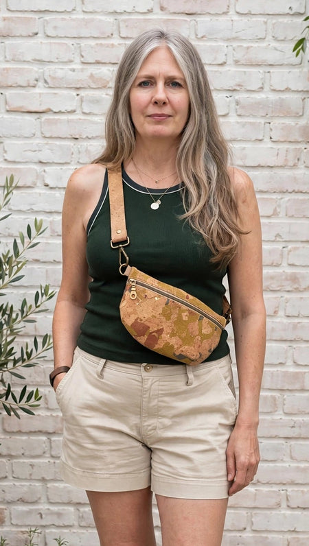 Light Mosaic Cork Mini Fanny Pack worn crossbody showing fit and size
