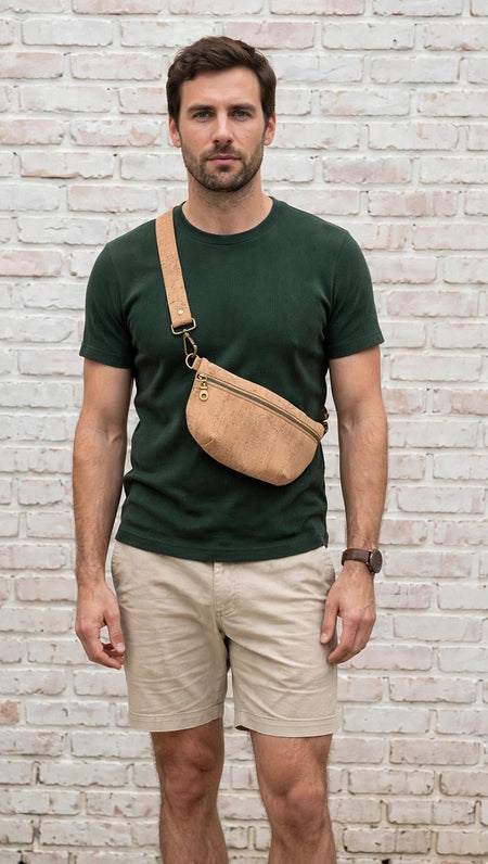 Natural Cork Mini Fanny Pack worn crossbody showing unisex fit and size