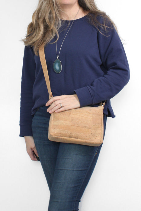 Small Boxed Bag in Natural Stripe Cork with Black and Cream Woven Strap