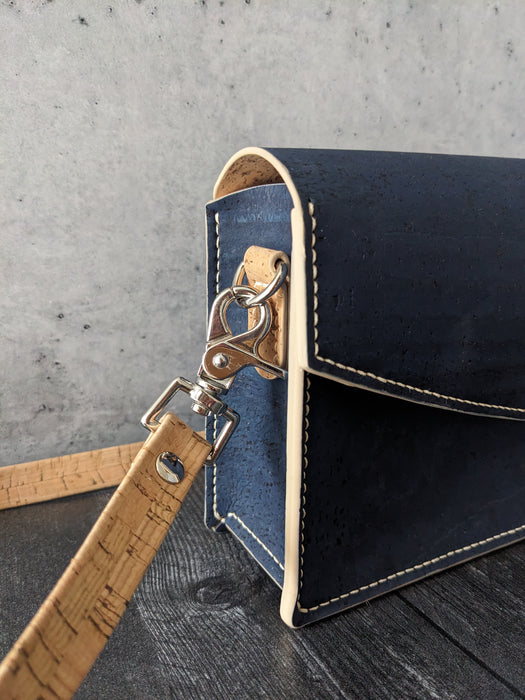 Boxed Handstiched Bag Crossbody in Midnight Blue Cork