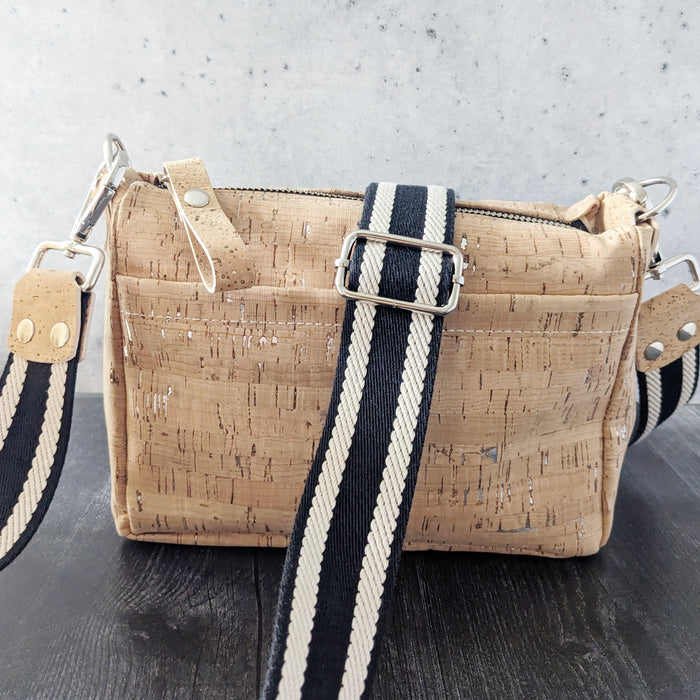 Small Boxed Bag in Natural Silver Cork with Black and Cream Woven Strap