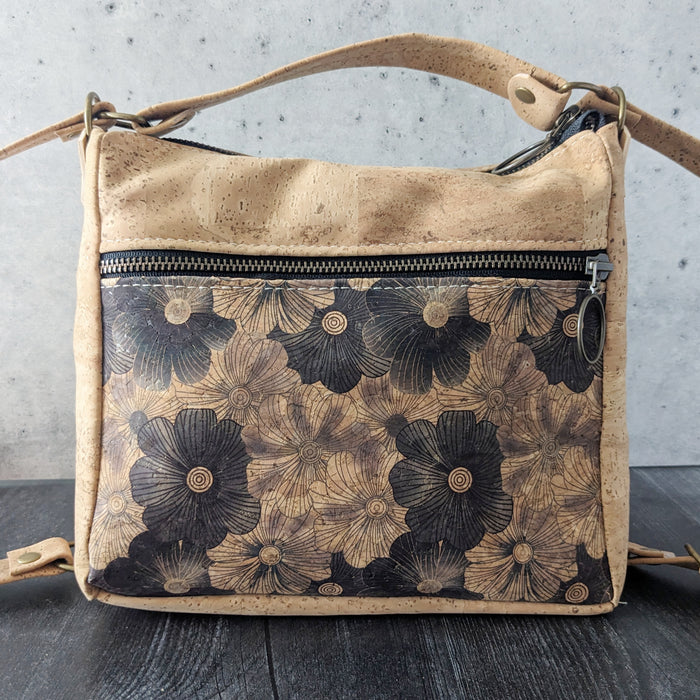 Small Zip Top Crossbody Backpack in Black Flower Cork– nest PURE