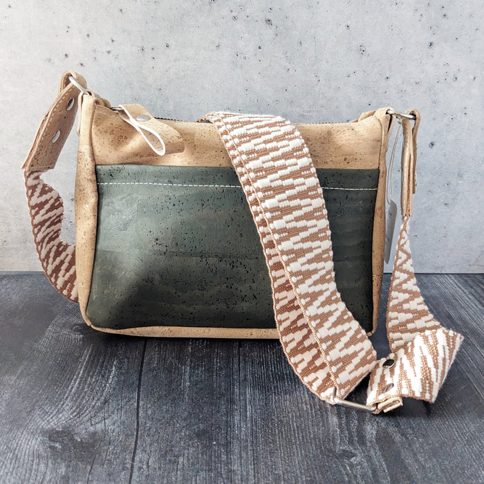 Small Boxed Bag in Natural Olive Cork with Tan and Cream Woven Strap