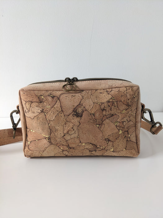 Front view of vegan Crossbody Belt Bag in Gold and Natural Cork