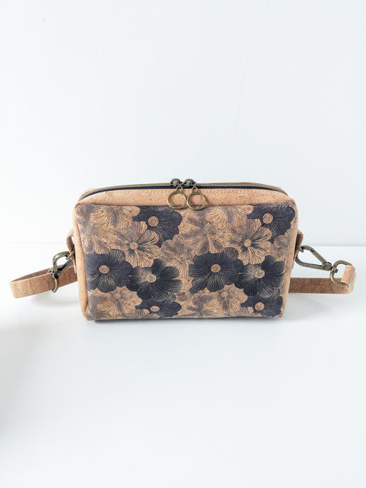 Crossbody Belt  Bag in Black Floral and Natural Cork