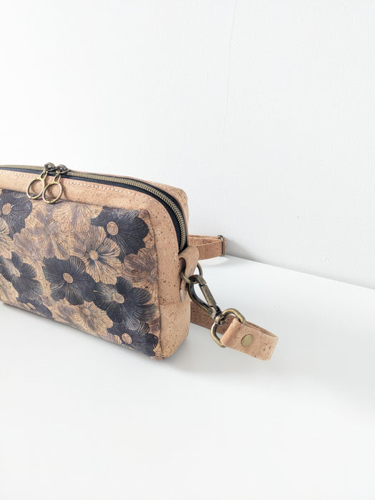 Crossbody Belt  Bag in Black Floral and Natural Cork