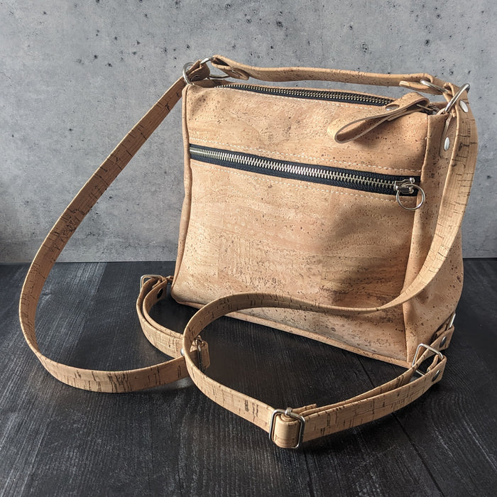 Small Zip Top Crossbody Backpack in Natural cork
