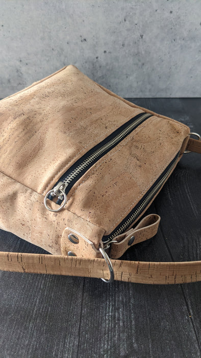 Small Zip Top Crossbody Backpack in Natural cork