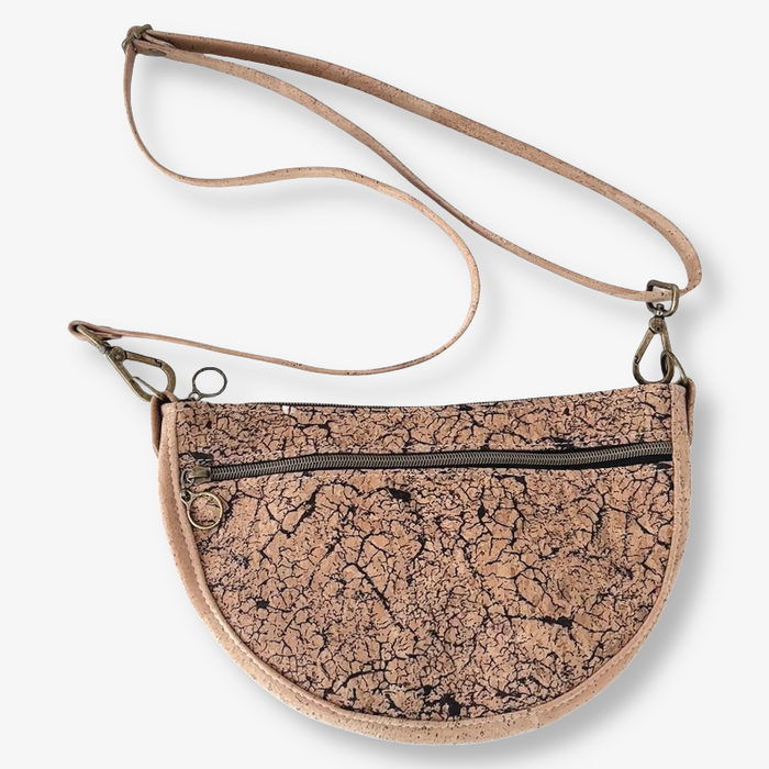 Semi Round Crossbody in Black Crackle Cork and Natural Cork