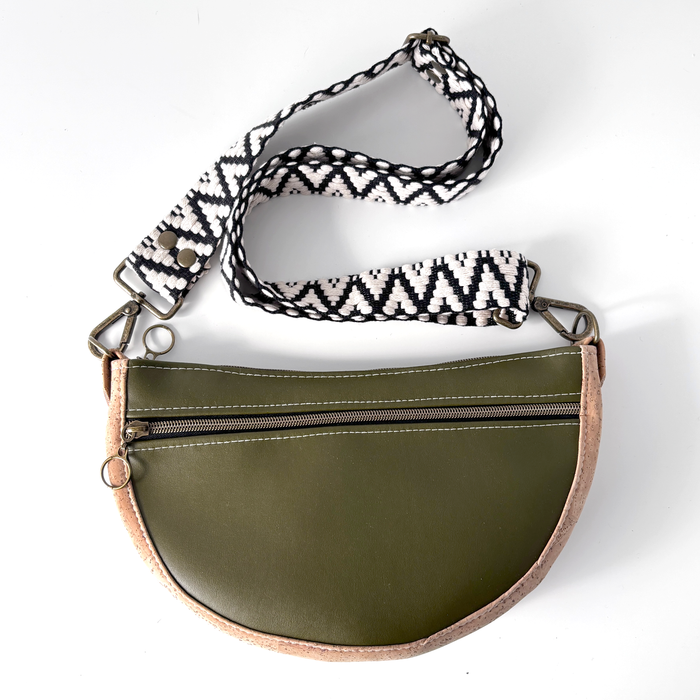 Semi Round Crossbody in Moss Cactus Leather and Natural Cork