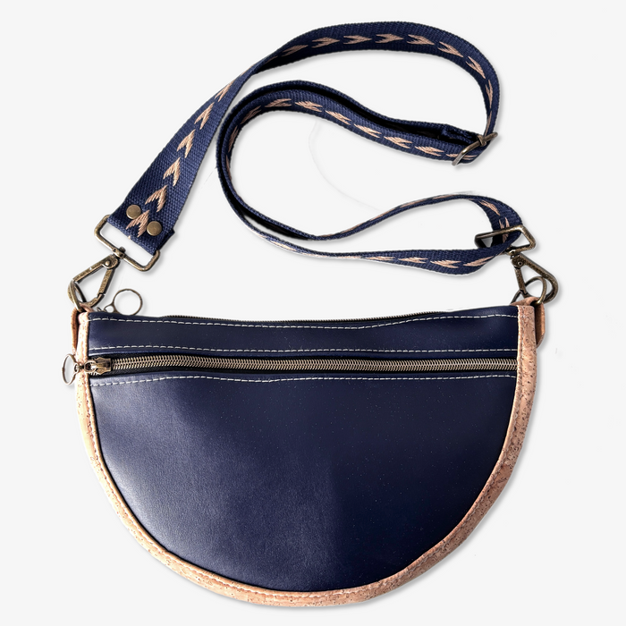 Semi Round Crossbody in Navy Cactus Leather and Natural Cork