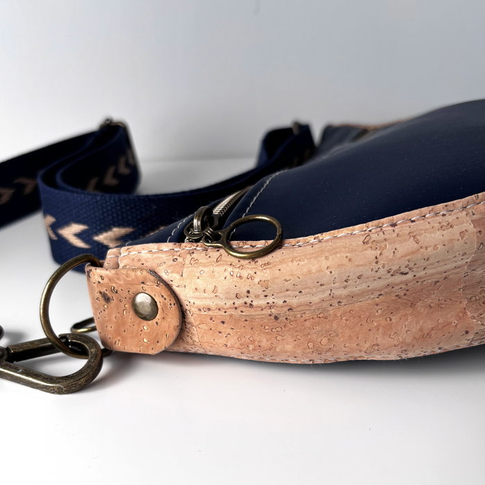 Semi Round Crossbody in Navy Cactus Leather and Natural Cork